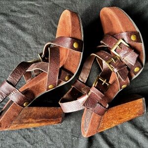 MIA Brown Leather Strappy Block Heel Sandals